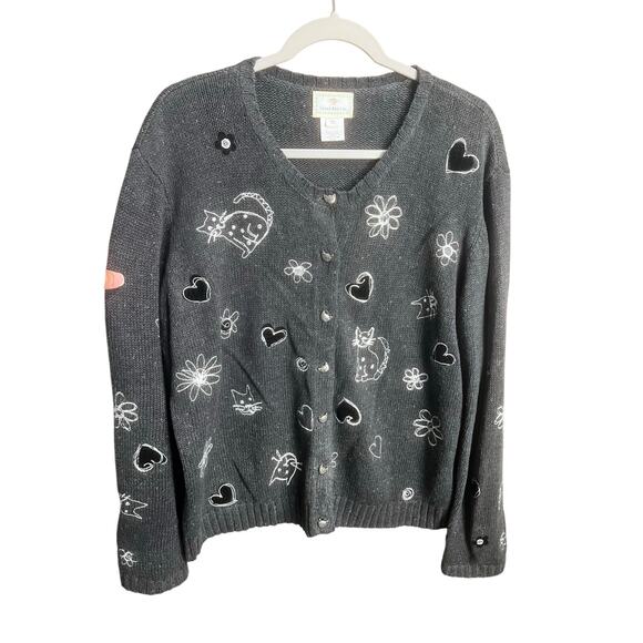 Susan Bristol VTG Embroidered Knit Cat Cardigan Button Up Sweater XL Coquette - Picture 1 of 16